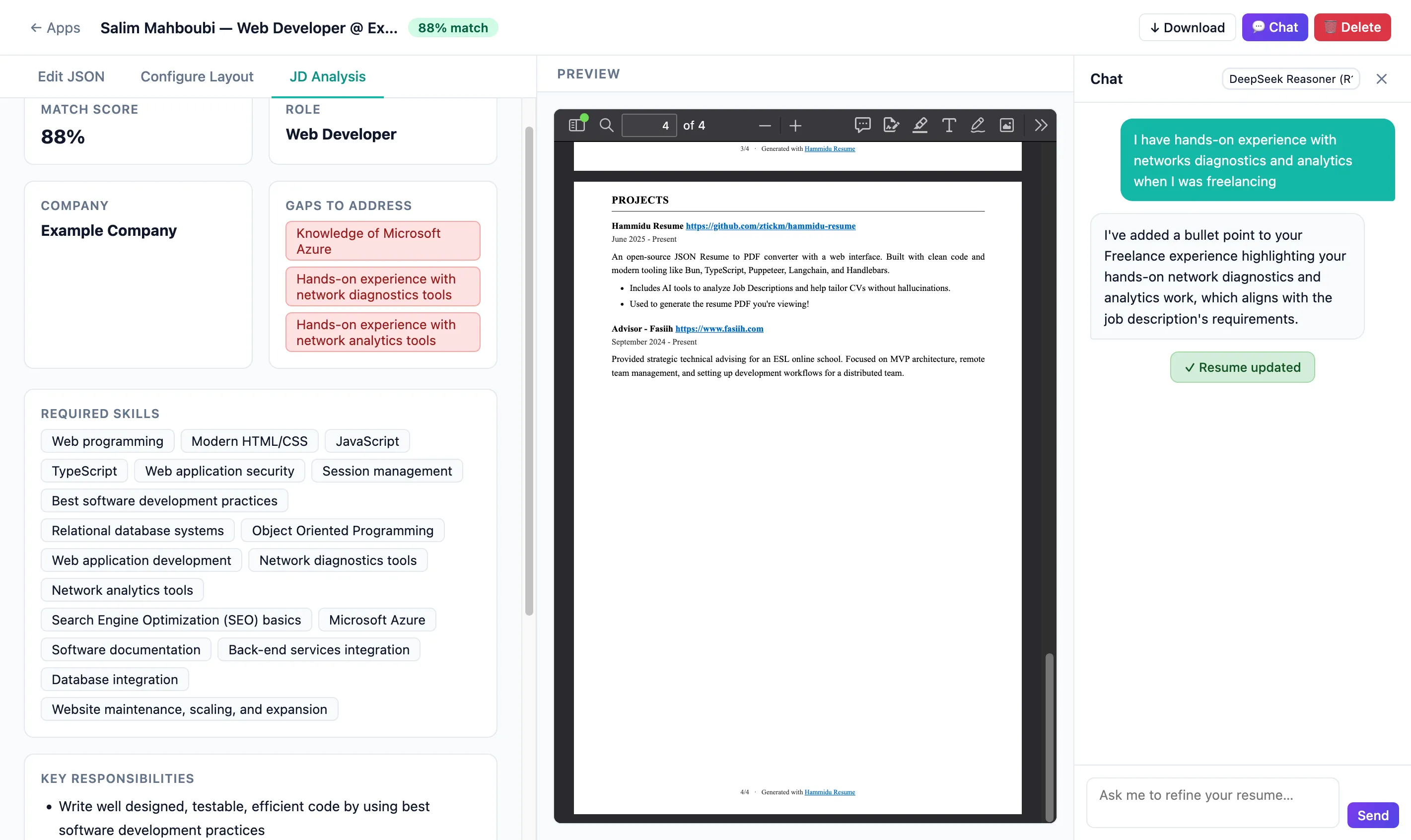 A tailored application in Flouka Studio: an 88% match score with required skills and gaps to address on the left, a live PDF preview in the middle, and a chat sidebar where a request to mention network diagnostics experience has just been applied