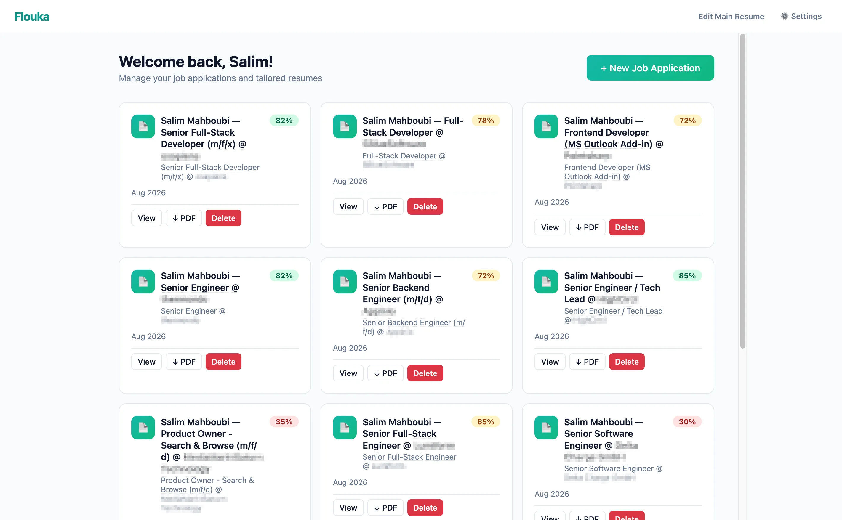The Flouka Studio dashboard: a grid of job application cards, each showing a role, a company and a match score, with view, PDF and delete actions