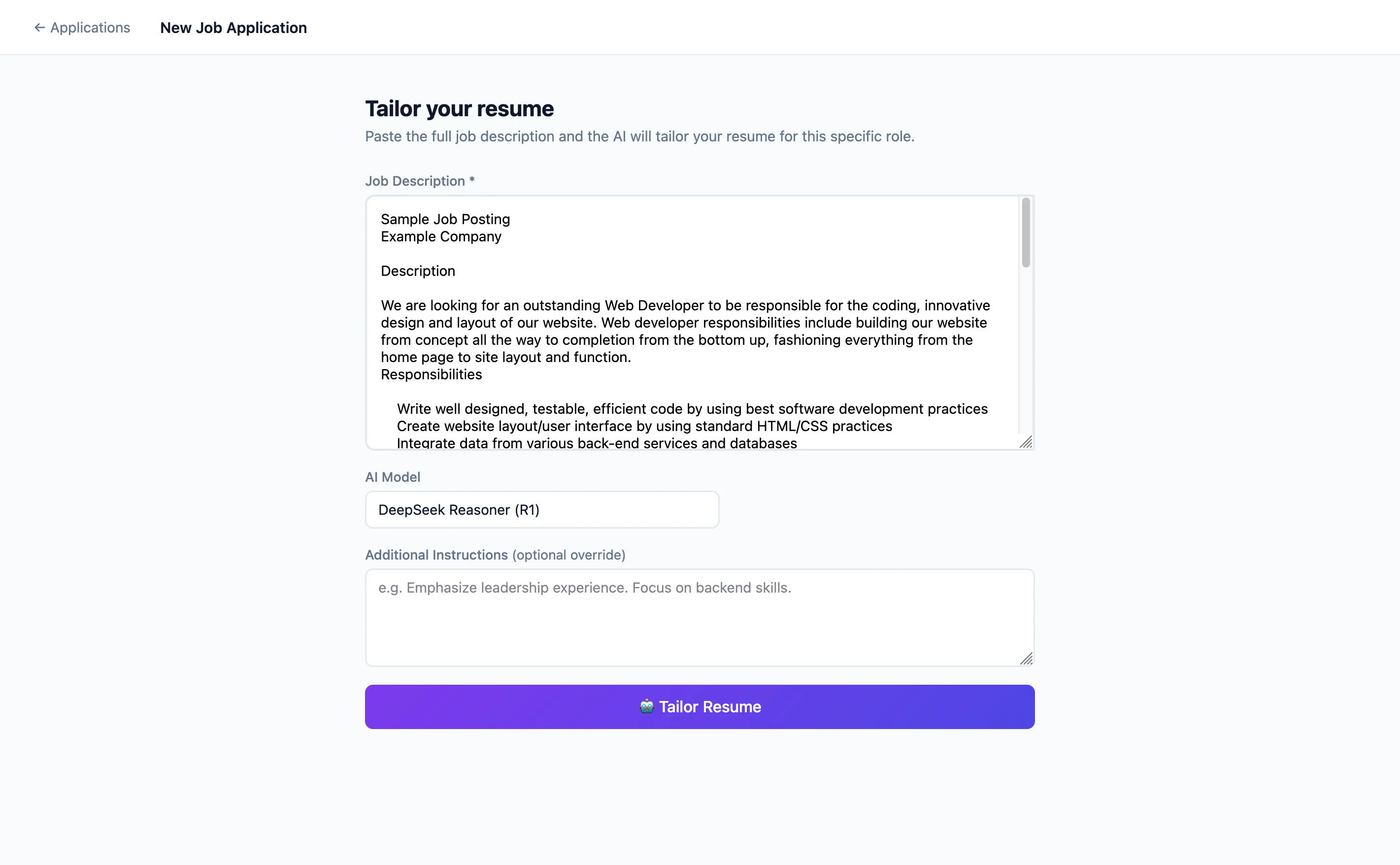 Flouka Studio's new application screen: a job description pasted into a text area, below it a model selector and an optional field for extra tailoring instructions